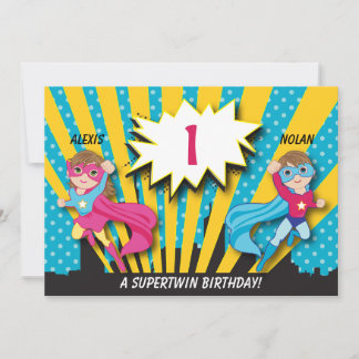 Twin Boy Girl Superhero Einladung zum Geburtstag