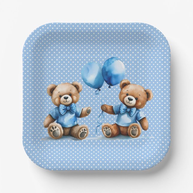 Twin Boy Teddy Bears auf Polka Dots Pappteller (Vorderseite)