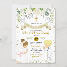 Twin Boy und Blonde Girl Kneeling Erste Kommune Einladung