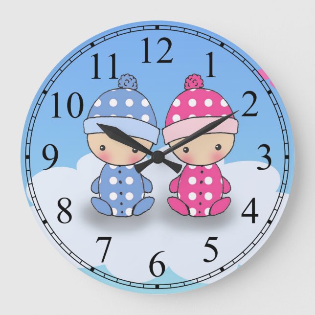 Twin Boy und Girl Baby Polka Dot Wall Clock Große Wanduhr (Vorderseite)