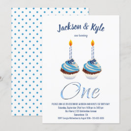 Twin Boys 1. Geburtstag Blue Cupcake Party Einladung