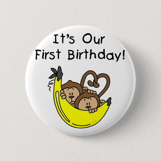 Twin Boys 1st Birthday Monkey Tshirts und Geschenk Button (Vorderseite)