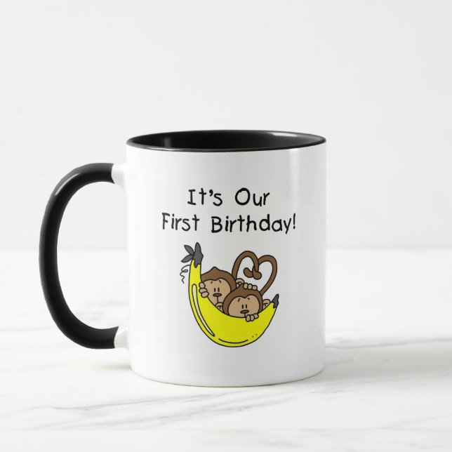 Twin Boys 1st Birthday Monkey Tshirts und Geschenk Tasse (Links)