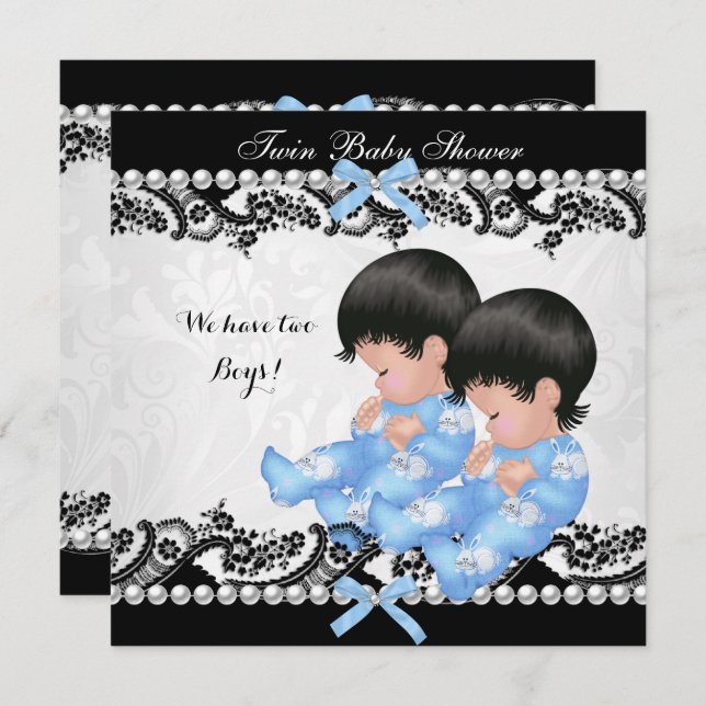 Twin Boys Baby Dusche Niedlich Boy Blue Einladung (Vorne/Hinten)