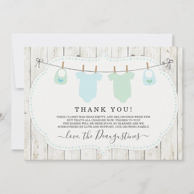 Twin Boys Baby Shower Thank You Card - Rustic Dankeskarte (Vorderseite)