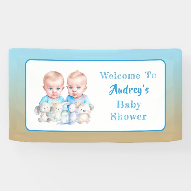 Twin Boy's Baby Shower Watercolor Animals Banner (Horizontal)