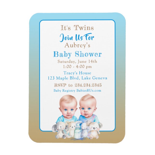 Twin Boy's Baby Shower Watercolor Animals Magnet (Vertikal)