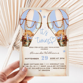 Twin Boys Bear Balloon & Stars Baby Dusche Boho Einladung
