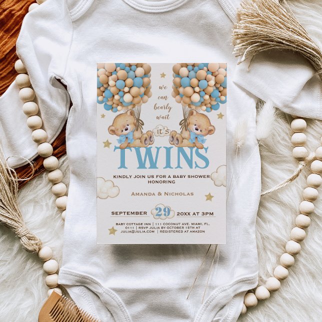 Twin Boys Bear Balloons Bearly Wait Baby Dusche Einladung (Von Creator hochgeladen)
