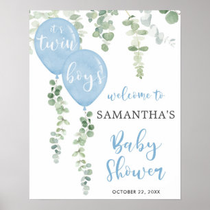 Twin boys Blue Ballon Baby Dusche Begrüßungszeiche Poster