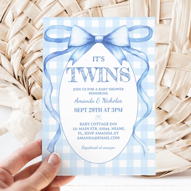 Twin Boys Blue Bow Vintag Niedlich Einladung (Von Creator hochgeladen)