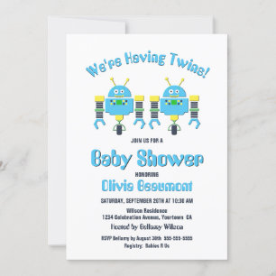 Twin Boys Blue Robot Baby Shower Einladung