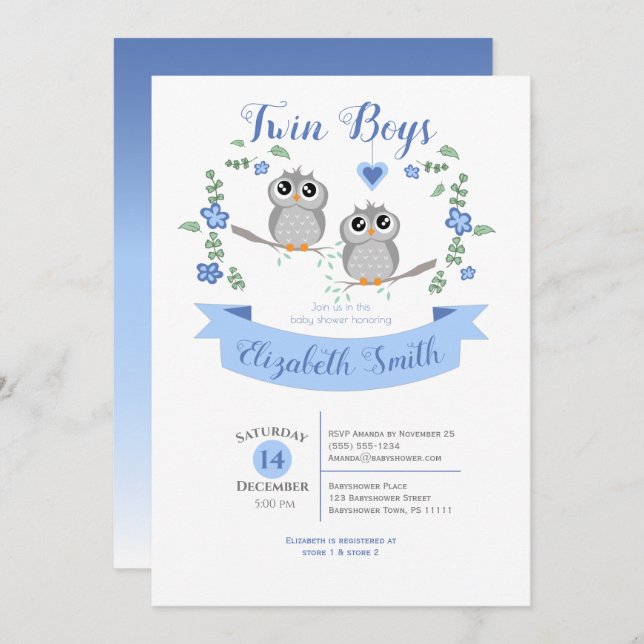 Twin Boys Cute owls babyshower Einladung (Vorne/Hinten)