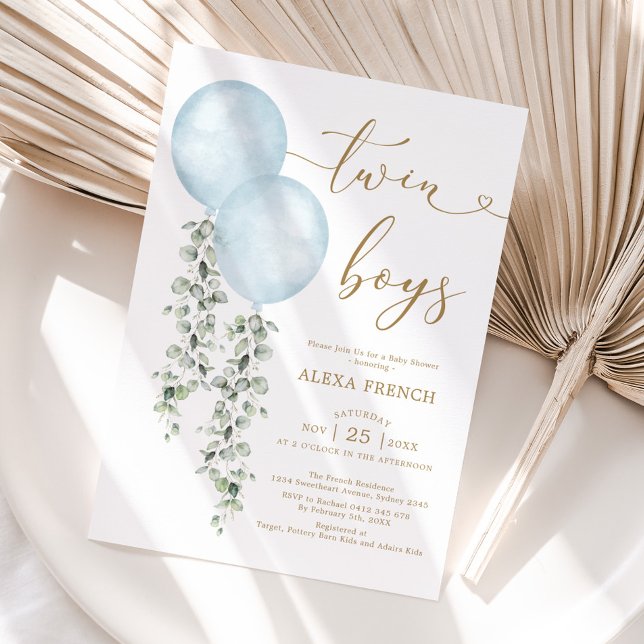 Twin Boys Dusty Blue Balloon Greenerenery Baby Sho Einladung (Von Creator hochgeladen)