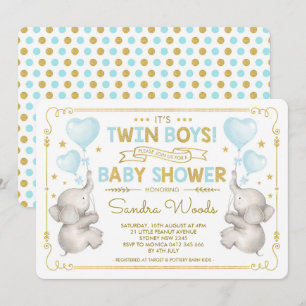 Twin Boys Elephant Baby Dusche Blue Gold Dschungel Einladung