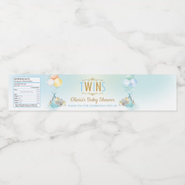 Twin Boys Elephant Baby Dusche Vielen Dank für Ihr Wasserflaschenetikett (Einzelnes Label)
