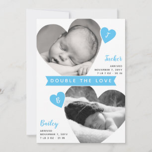 Twin Boys Heart Frames Blue Foto Collage Geburt Ankündigung