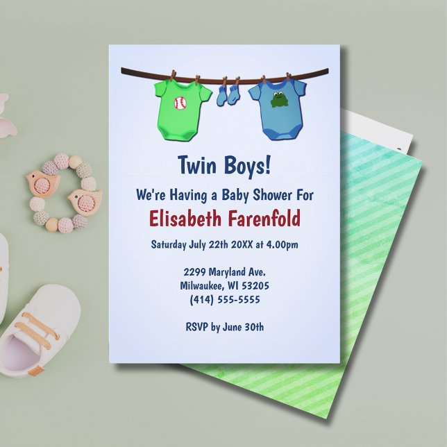 Twin Boys Nah Line Blue & Green Baby Dusche Einladung (Twin Boys Close Line Blue & Green Baby Shower Invitation)
