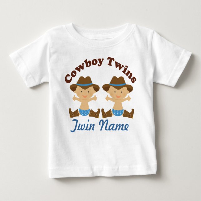 Twin Boys Personalisiert Cowboy Baby T - Shirt (Vorderseite)