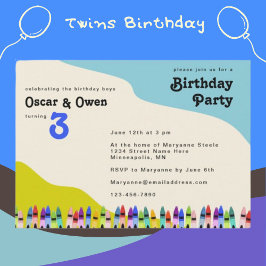 Twin Boys Retro 70's Floral Geburtstagsparty Einladung