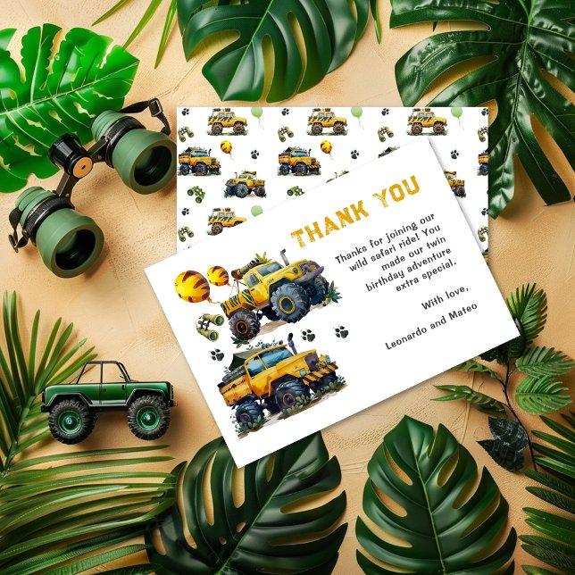 Twin Boys Safari Jungle Monster Truck Geburtstag Dankeskarte (Von Creator hochgeladen)