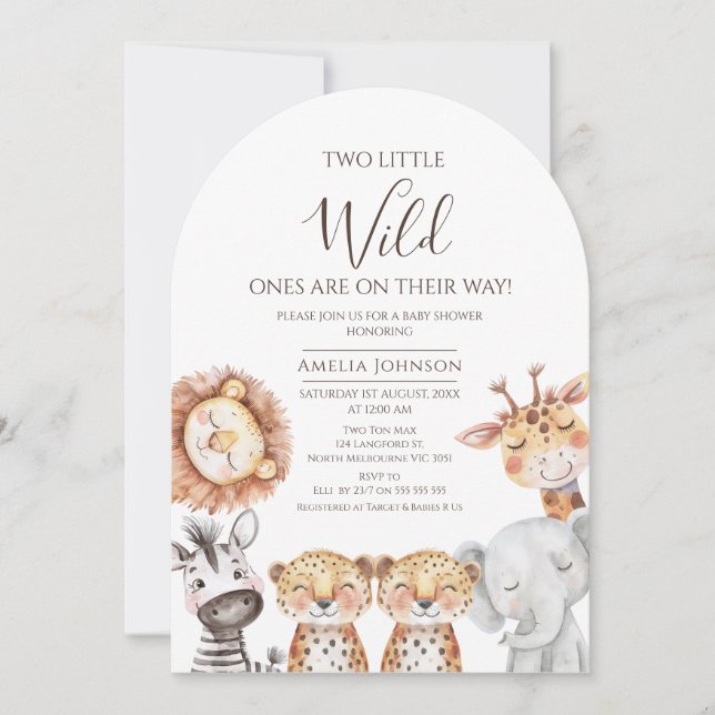 Twin Boys Safari Zwei kleine Wild Ones Kinderdusch Einladung (Vorderseite)