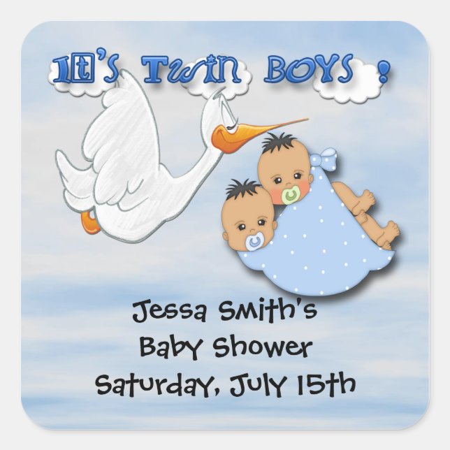 Twin Boys - Stork Baby Shower Gefallen Aufkleber (Vorderseite)