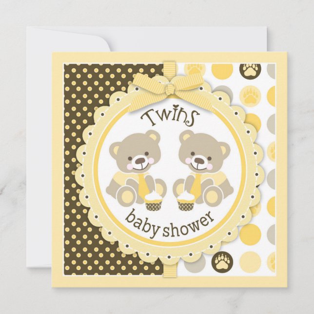 Twin Boys Teddy Bears Krawatte Babydusche Einladung (Vorderseite)