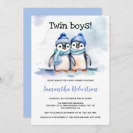 Twin Boys Watercolor Blue Winter Baby Dusche Einladung