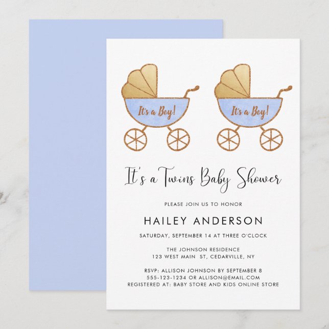 Twin Boys Watercolor Carriage Baby Shooter Einladung (Vorne/Hinten)