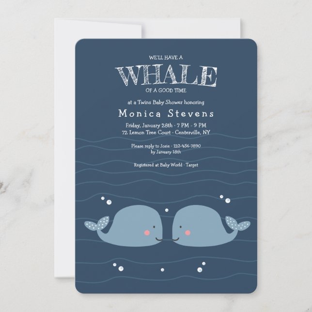 Twin Boys Whales Baby Shower Einladung (Vorderseite)