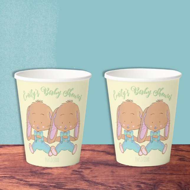 Twin Bunnies Baby Dusche Yellow Paper Cup Pappbecher (Twin bunnies spring baby shower yellow paper cups)