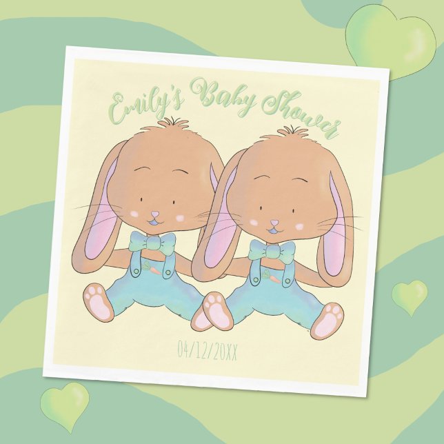 Twin Bunnies Babydusche Gelbpapier Napkin Serviette (Cute twin bunnies spring baby shower paper napkins .)