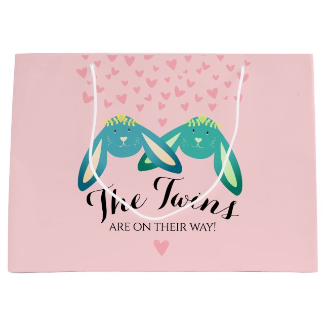 Twin Bunnies Babydusche Niedlich Pastel Pink Party Große Geschenktüte (Vorderseite)