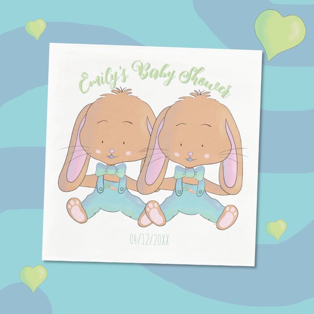 Twin Bunnies Babydusche Weißbuch Napkin Serviette (Twin bunnies spring baby shower paper napkins )