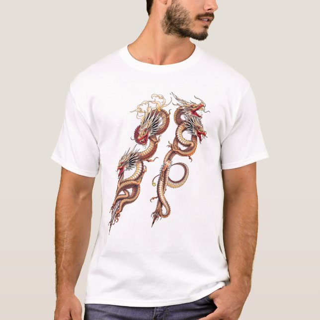 Twin Eastern Dragons Roaring T-Shirt (Vorderseite)