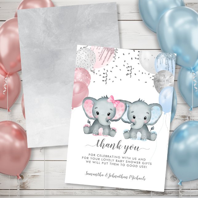 Twin Elephant Balloons Aquarell Babydusche Dankeskarte (Twin Elephant Balloons Watercolor Baby Shower Thank You Card)