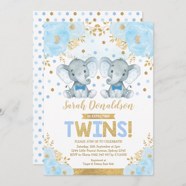 Twin Elephant Boys Little Gentlemen Baby Dusche Einladung (Vorne/Hinten)