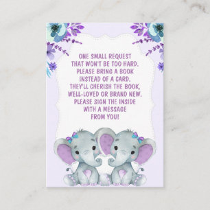 Twin Elephants Book Request Girl Baby ShowerPurple Begleitkarte