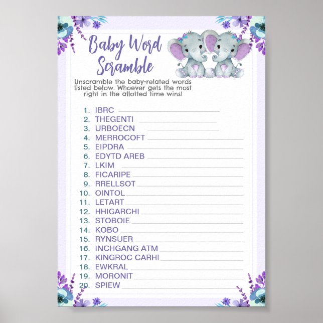 Twin Elephants Word Scramble Baby Showspiel Poster (Vorne)