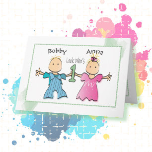 Twin Girl and Boy 1. Geburtstag Personalisierte Ka Karte