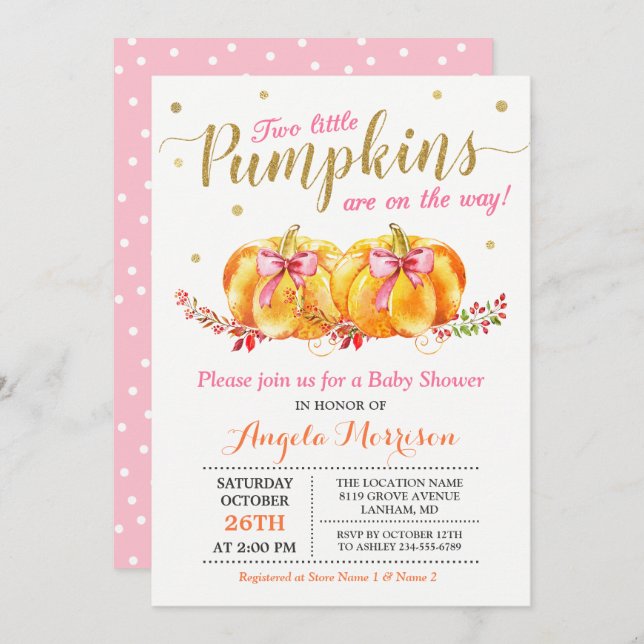 Twin Girl Baby Dusche Niedlich Pink Little Pumpkin Einladung (Vorne/Hinten)