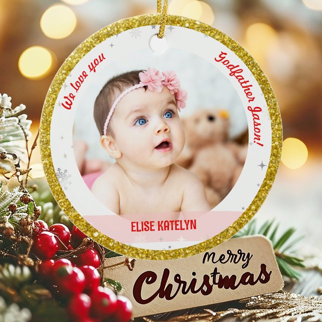 Twin Girl Boy Foto Godami First Christmas Baby Keramik Ornament (Modern Elegant Cute We love you, Godfather 1st Christmas Twins Girl Boy 2 Photos Golden Faux Glitter)
