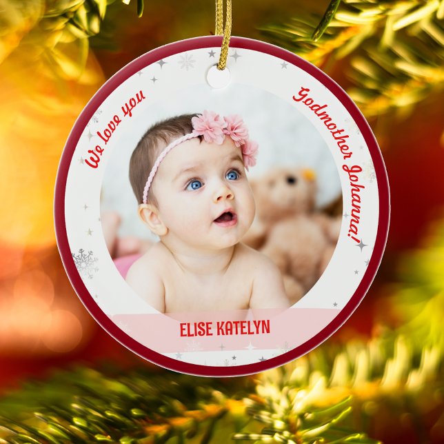 Twin Girl Boy Foto Godmutter First Christmas Baby Keramik Ornament (Cute Modern Elegant Personalized First Christmas We love Godmother Twin Babies Girl Boy 2 Photos)