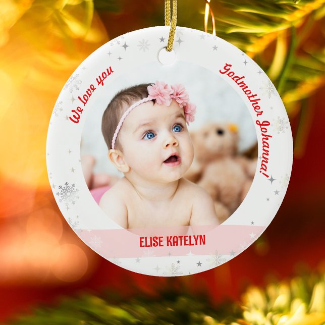 Twin Girl Boy Foto Godmutter First Christmas Baby Keramik Ornament (Modern Cute We love you, Godmother! First Christmas Twin Baby Girl and Boy. 2 Photos. Snowflakes)