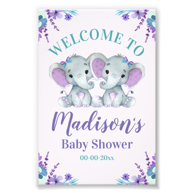 Twin Girl Elephant Welcome Sign Girl Dusche Blumen Fotodruck (Vorne)