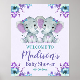 Twin Girl Elephant Welcome Sign Girl Dusche Blumen Poster