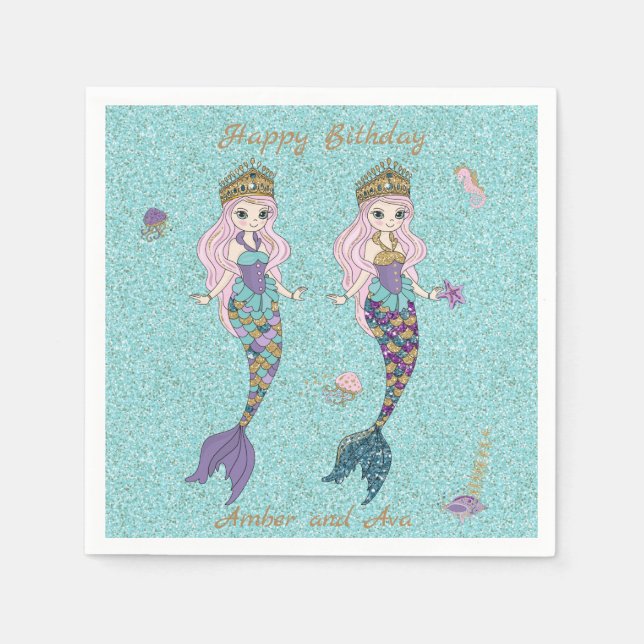 Twin Girl Mermaid Birthday Party Napkins Serviette (Vorderseite)