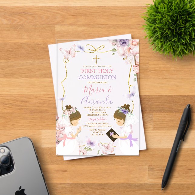 Twin Girl Pink Lila Butterfly 1. Heilige Kommune Acryleinladungen (Insitu (Einladungskarte))