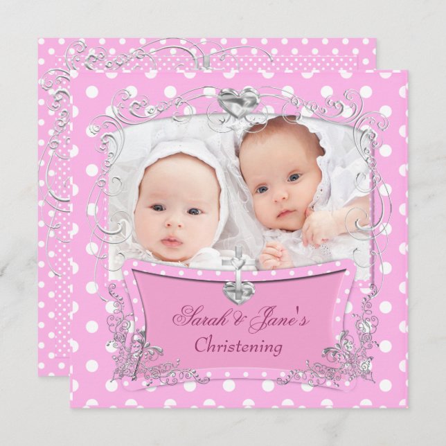 Twin Girls Baby Christening Taufe Pink Einladung (Vorne/Hinten)